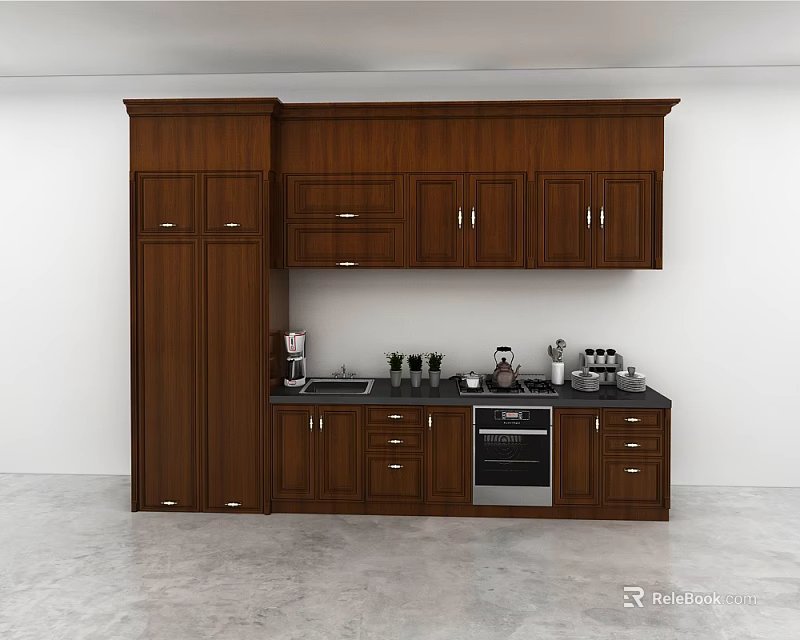 Modern Kitchen With Dark Brown Wooden Upper And Lower Cabinets And Countertop Appliances 3d model 