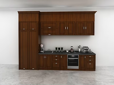 Modern Kitchen With Dark Brown Wooden Upper And Lower Cabinets And Countertop Appliances 3d model