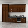 Modern Kitchen With Dark Brown Wooden Upper And Lower Cabinets And Countertop Appliances