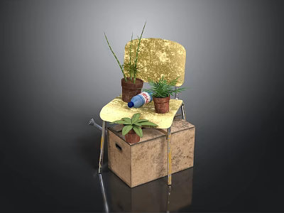 Yellow Velvet Chair Placed On Old Cardboard Box With Multiple Potted Plants 3d model
