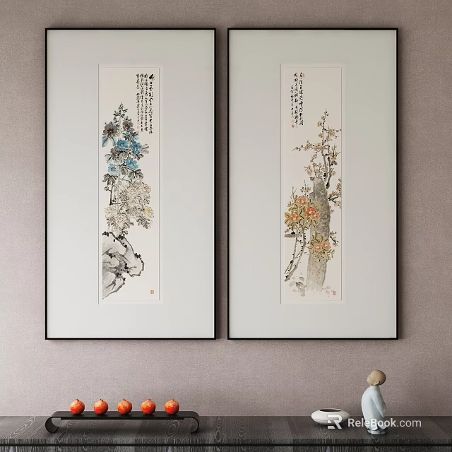 Abstract Painting Home Decor with Floral Branch Calligraphy in Black Frame on Light Wall 3d model 