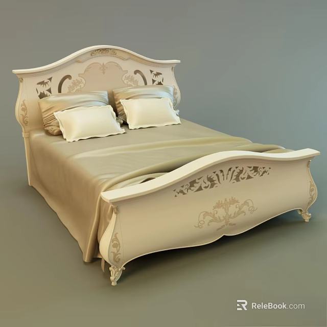 Double Bed with Intricate Carved Headboard Cream Colored Frame and Soft Pillows Beige Bedspread 3d model 