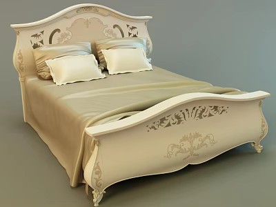 Double Bed with Intricate Carved Headboard Cream Colored Frame and Soft Pillows Beige Bedspread 3d model