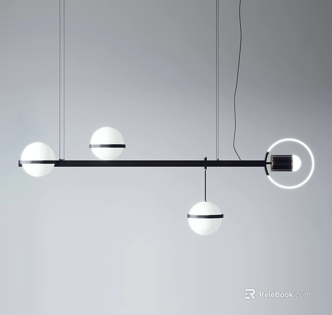 Modern Linear Chandelier With Black Frame Three White Globe Lights And Accent Rings 3d model