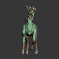 Mythical Fantasy Beast Standing Pose With Green Body Antlers Red Tail And Scaled Design
