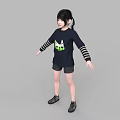 Young Woman In Black Long Sleeve Top With Striped Sleeves Green Cartoon Graphic And Shorts
