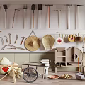Traditional Industrial Tools Display With Hanging Rakes Carts Baskets And Storage Jars