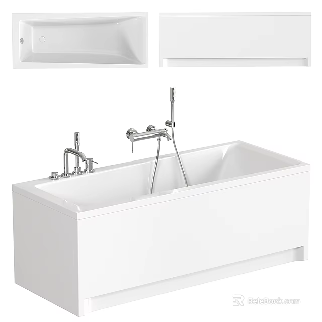 Modern White Freestanding Bathtub with Chrome Faucet and Handheld Shower Rectangular Design for Bathroom 3d model 
