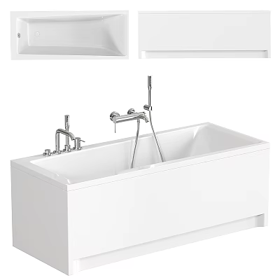 Modern White Freestanding Bathtub with Chrome Faucet and Handheld Shower Rectangular Design for Bathroom 3d model
