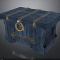 Blue Wooden Chest With Metal Straps And Golden Ring Handle Design