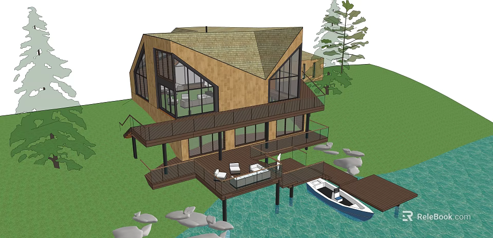 Modern Wooden House Waterfront Design With Large Windows Balcony Dock Boat And Trees 3d model 