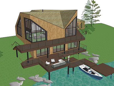 Modern Wooden House Waterfront Design With Large Windows Balcony Dock Boat And Trees 3d model