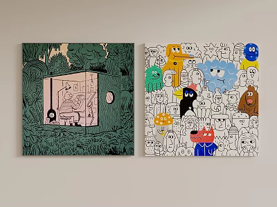Abstract Paintings With Green Background Black Lines Frame And White Background Colorful Cartoon Figures 3d model