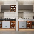 Double Bathroom Vanity With Marble Countertop Beige Tiled Wall Mirror And Open Shelves Holding Toiletries