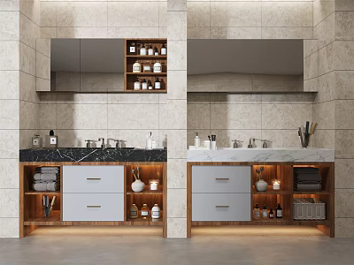 Double Bathroom Vanity With Marble Countertop Beige Tiled Wall Mirror And Open Shelves Holding Toiletries 3d model
