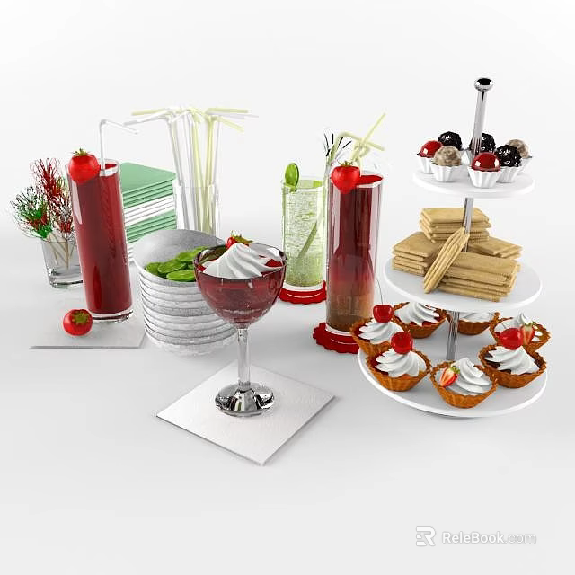 Assorted Food Display With Fresh Cupcakes Strawberry Drinks And Crackers Mint Leaves And Decorative Straws 3d model 