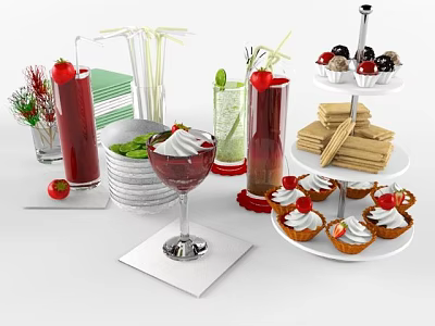 Assorted Food Display With Fresh Cupcakes Strawberry Drinks And Crackers Mint Leaves And Decorative Straws 3d model