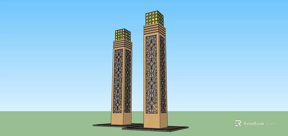 Tall Decorative Outdoor Light Pillars With Intricate Patterns And Lattice Tops 3d model 