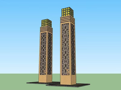 Tall Decorative Outdoor Light Pillars With Intricate Patterns And Lattice Tops 3d model