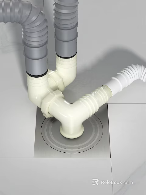 White Plastic Drain Pipes Connected With Grey Tubes On Metal Drain Base 3d model 
