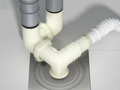 White Plastic Drain Pipes Connected With Grey Tubes On Metal Drain Base 3d model