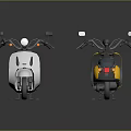Two White Blue and Yellow Black Scooters With Seats Rearview Mirrors On Dark Reflective Surface