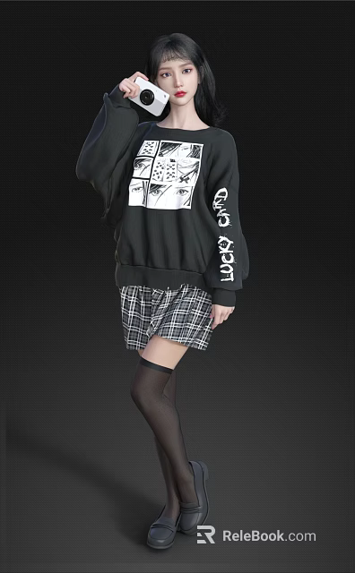 Woman In Black Hoodie With White Graphic Print Plaid Skirt And Black Thigh High Socks 3d model 