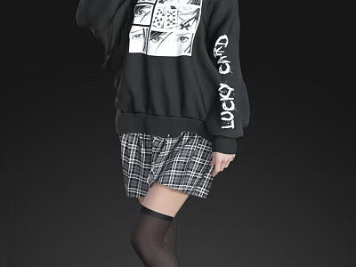 Woman In Black Hoodie With White Graphic Print Plaid Skirt And Black Thigh High Socks 3d model