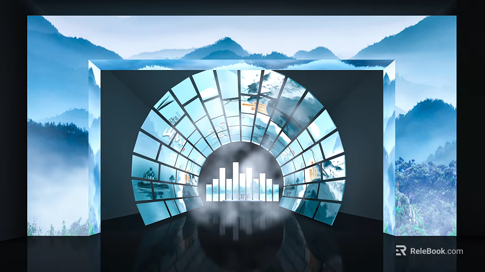 Modern Elevator Hallway With Glass Curved Wall And Misty Mountain View Landscape 3d model 