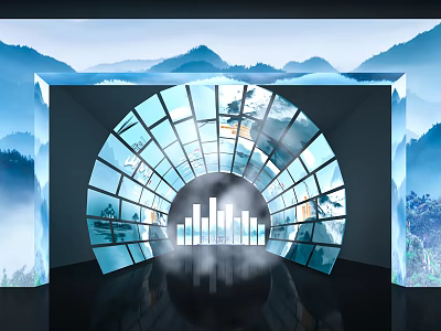 Modern Elevator Hallway With Glass Curved Wall And Misty Mountain View Landscape 3d model