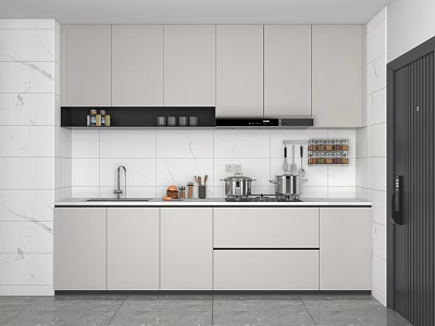 Modern Minimalist Kitchen Interior With White Cabinets Black Upper Cabinets And Marble Wall 3d model