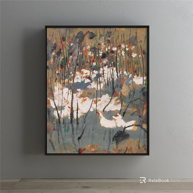 Wall Mounted Landscape Painting With White Ducks Reeds And Colorful Accents 3d model 
