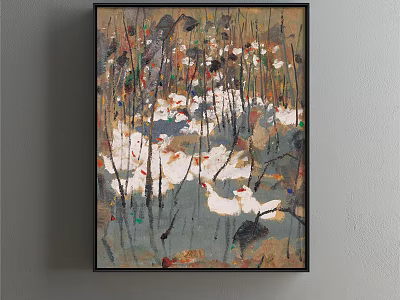 Wall Mounted Landscape Painting With White Ducks Reeds And Colorful Accents 3d model