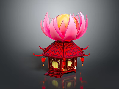 Cartoon Scene Featuring Red Traditional Pavilion With Pink Lotus Top And Hanging Lanterns 3d model