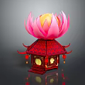 Cartoon Scene Featuring Red Traditional Pavilion With Pink Lotus Top And Hanging Lanterns