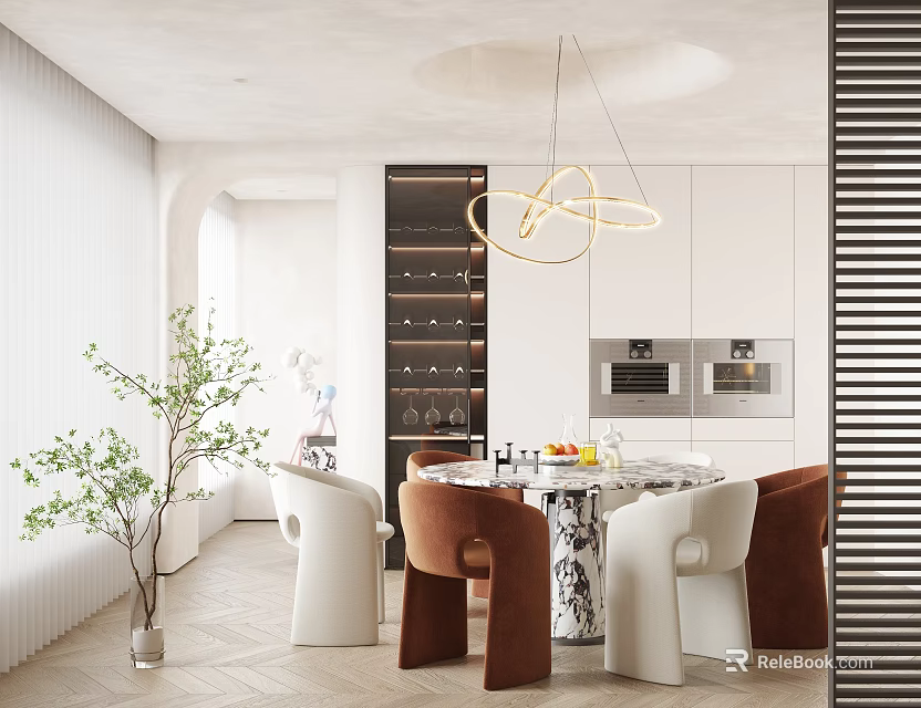 Modern Restaurant Interior With Open Layout Round Marble Table Hanging Lamp And Chairs 3d model 