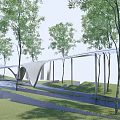 Modern Curved Pergola Structure With Green Trees Grass Pathway And Water Feature 3d model