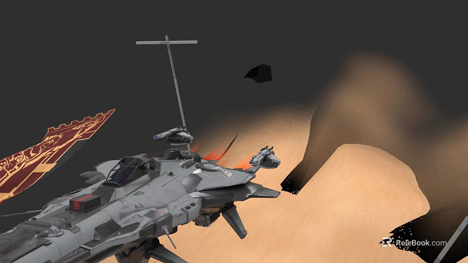 Gray Aircraft Flying With Red Tail Flames Over Sandy Desert Terrain 3d model 
