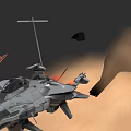 Gray Aircraft Flying With Red Tail Flames Over Sandy Desert Terrain 3d model