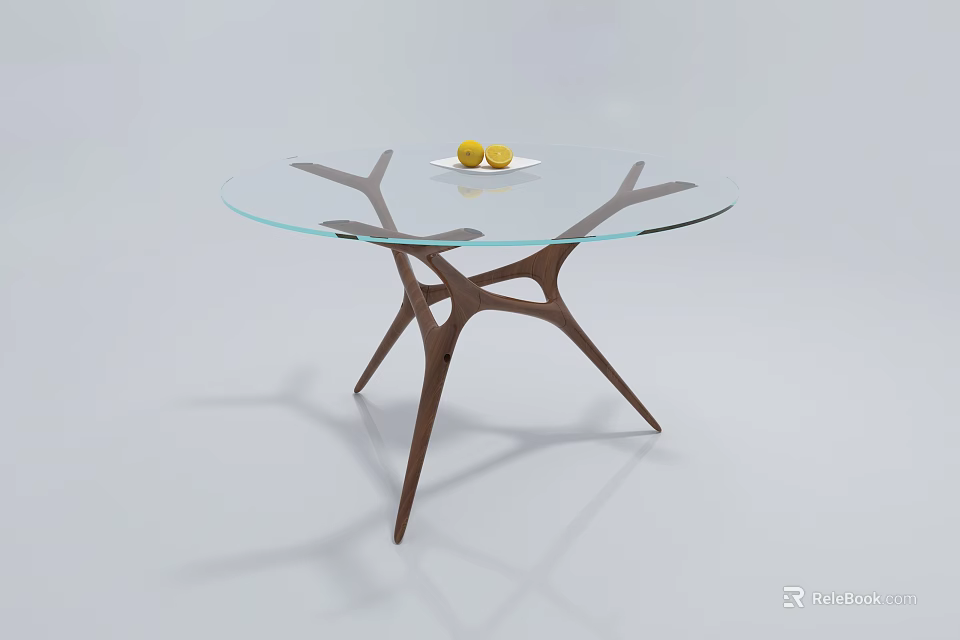 Glass Top Coffee Table With Modern Branched Brown Wood Legs And Fruit Decor Plate 3d model 