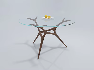 Glass Top Coffee Table With Modern Branched Brown Wood Legs And Fruit Decor Plate 3d model