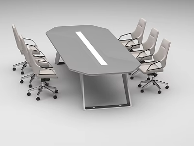 Gray Polygonal Conference Table With White Stripe And Eight Wheeled Light Colored Office Chairs 3d model