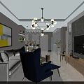 Modern Living and Dining Room Interior With Sofa Dining Table Chandelier Green Plants And Artwork