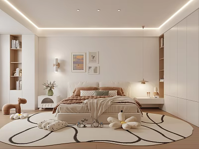Modern Minimalist Bedroom With Large Bed Decorative Paintings Stuffed Toys On Rug And Recessed Lighting 3d model