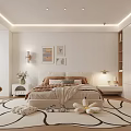 Modern Minimalist Bedroom With Large Bed Decorative Paintings Stuffed Toys On Rug And Recessed Lighting