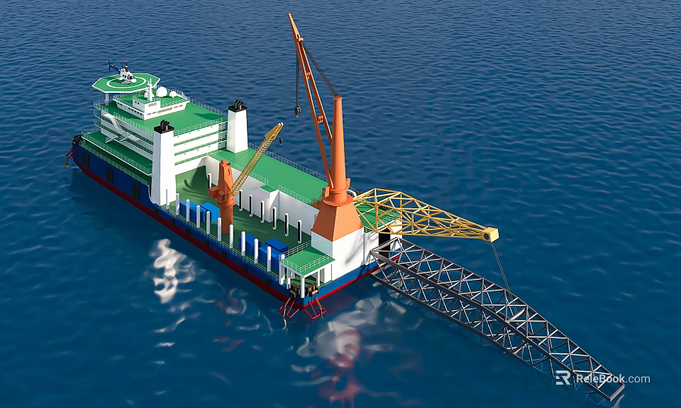 Offshore Engineering Vessel With Marine Crane And Structural Components At Sea 3d model 