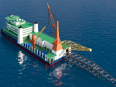 Offshore Engineering Vessel With Marine Crane And Structural Components At Sea 3d model