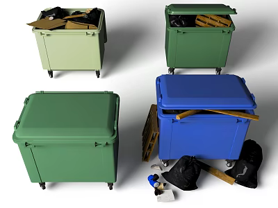 Different Colored Trash Bins Containing Cardboard Plastic Bottles And Black Garbage Bags 3d model