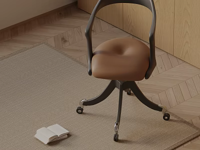 Comfortable Brown Seat Chair With Black Frame Wheels On Rug And Book Nearby 3d model