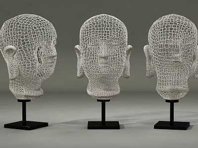 Three White Mesh Head Shaped Decorative Ornament Set with Black Bases 3d model